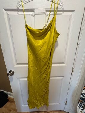 One-Shoulder Satin Slip Dress in Chartreuse